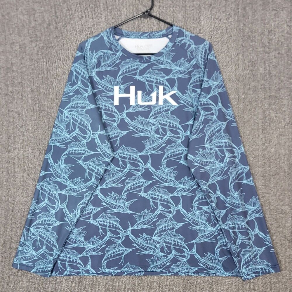 Huk Fishing Shirt Mens XL Blue Performance Long Sleeve Swordfish All Over Print